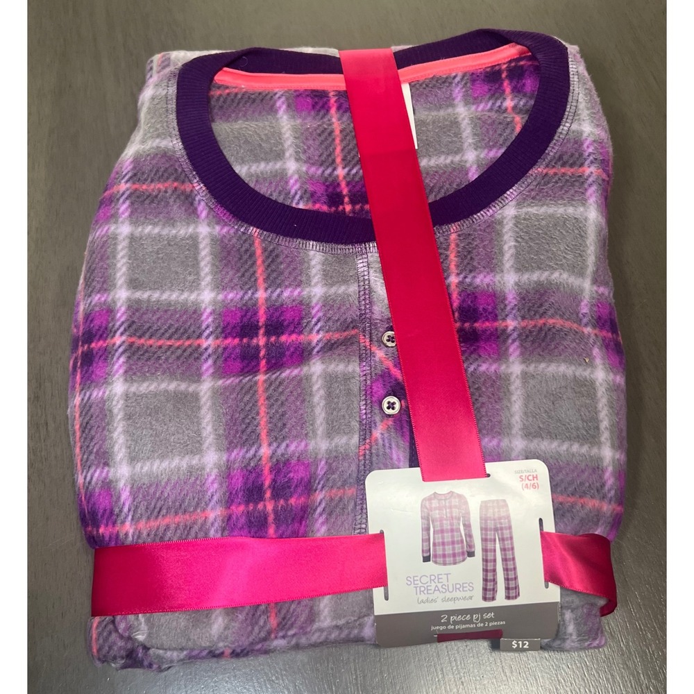 Secret Treasures Womens 2 Piece Pajama Set S 4-6 Purple Plaid Fleece Henley PJ